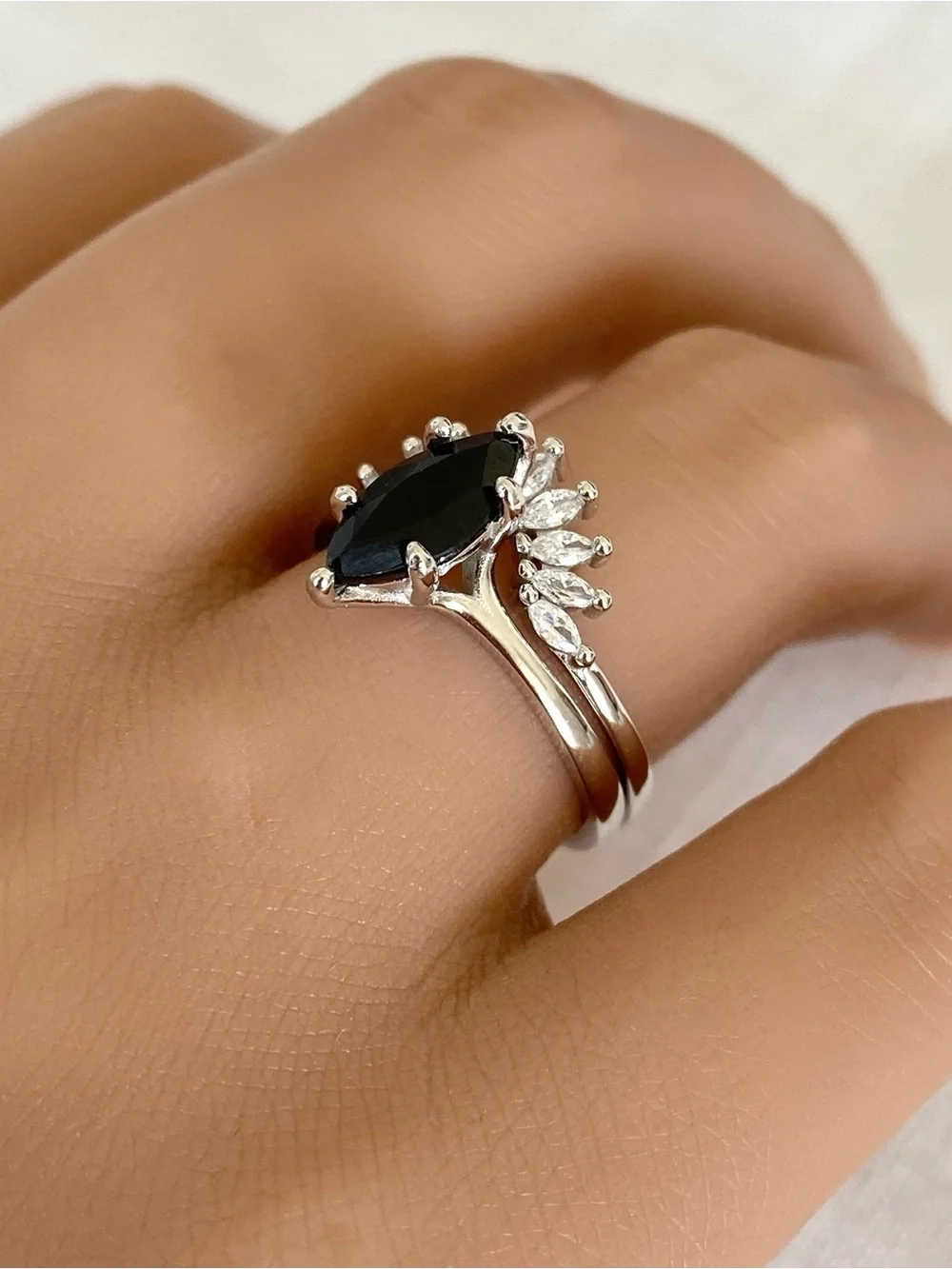 Black CZ Marquise Cut 2pc Sterling Silver Solitaire Stacking Band Ring Set
